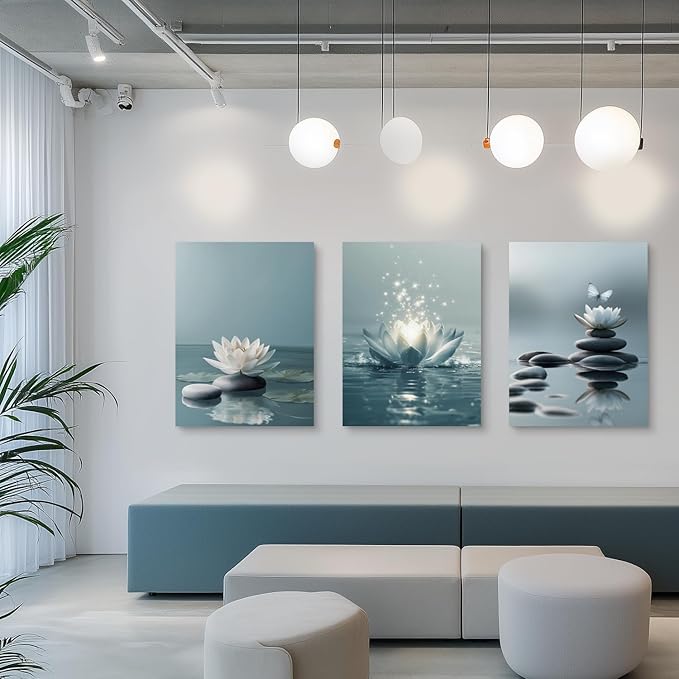 GELDSTEI Calm Zen Botanical Canvas Wall Art, White Lotus Blooming on Stones in Water Aesthetic Pictures, Yoga Spa Meditation Room Decor, Modern Spiritual Poster Prints for Zen Office Framed 12"x16"x3