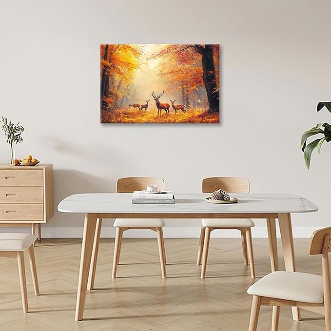 Olivine Deer Wall Art, Autumn Forest Pictures Wall Decor, Wildlife Painting, Fall Landscape Canvas Prints, Framed Artwork for Bathroom Bedroom Living Room Office Home Decoration 24''x16''