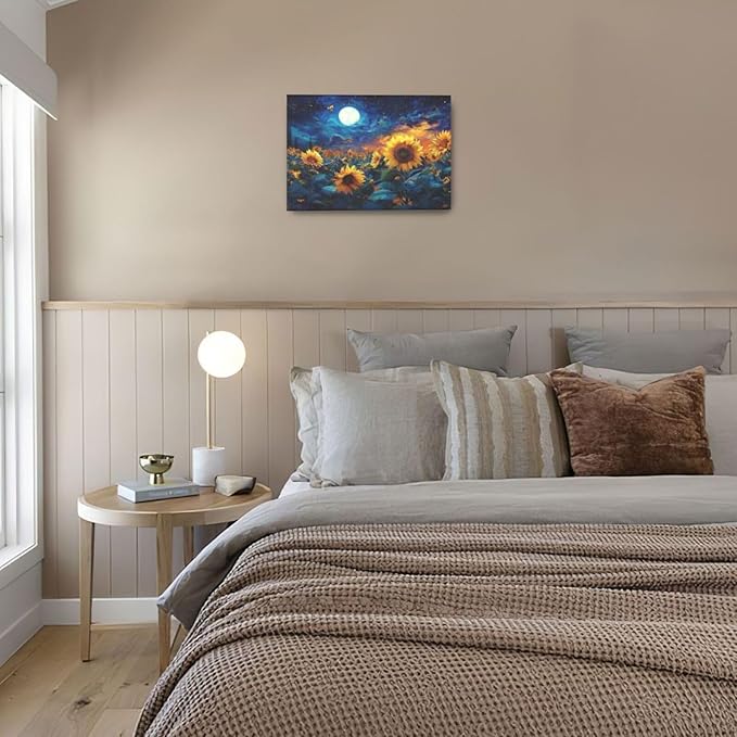 Sunflower Canvas Wall Art Starry Night Pictures Painting Yellow Floral Wall Decor Prints Framed Artwork Decoration for Living Room Bedroom Bathroom Dining Room Office 16"x24"