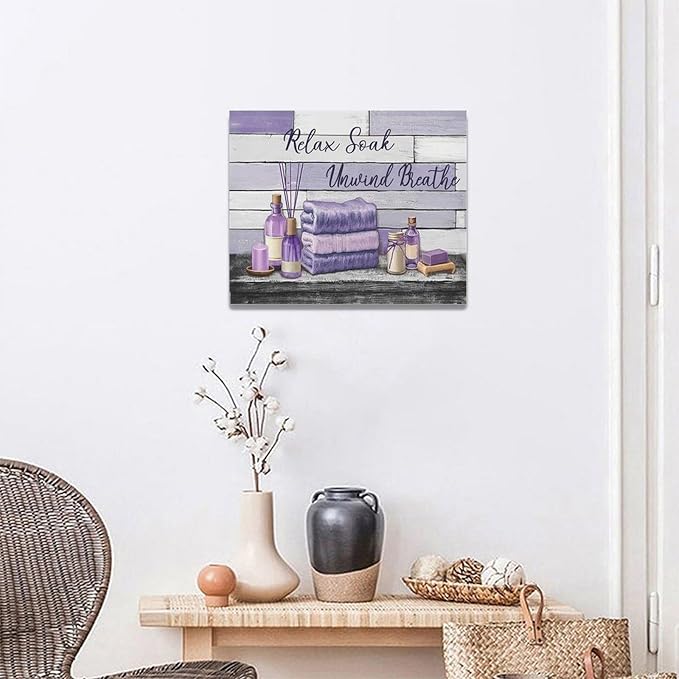 Farmhouse Bathroom Wall Art Relax Soak Unwind Breathe Wall Decor Rustic Bathroom Pictures Canvas Painting Framed Artwork Purple Country Home Decorations for Toilet Lavatory 20"x16"