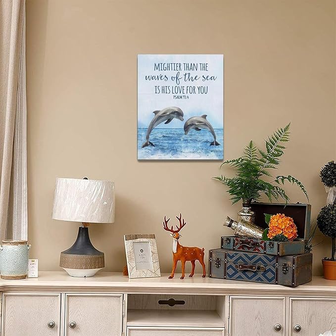 Dolphin Bathroom Decor Wall Art Ocean Coastal Wall Decor Scripture Canvas Bible Verse Prints Painting Framed Artwork for Bathroom living room Bedroom 16"x20"