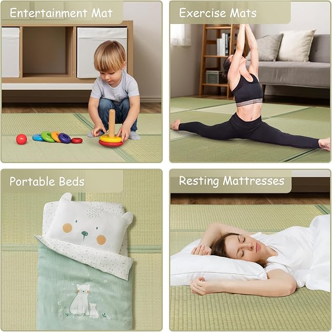 HAGiHARA Japanese Tatami Mat, Patchwork Tatami Floor Mats, 96" x 96" Foldable Square with Non-Slip Design for Bedroom, Crawling and Yoga, Made of Rush Grass, Igusa(with Edge/9 Picecs)
