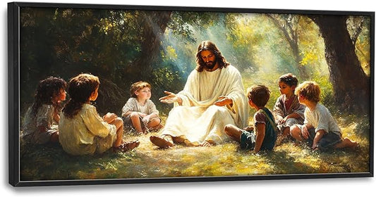 SweetFox Large Christian Jesus Framed Wall Art for Living Room, Jesus with Children Religious Pictures Oversized Wall Decor Abstract Canvas Painting Print Artworks for Bathroom Bedroom 60L X 30W