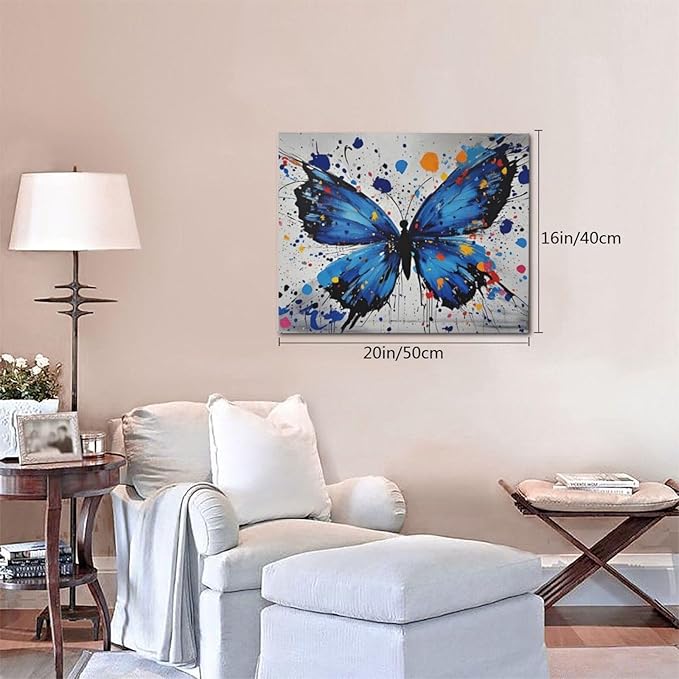Banksy Butterfly Wall Art Blue Butterfly Street Art Graffiti Wall Decor Pictures Painting Canvas Artwork Framed Decoration Gifts for Women Girl Living Room Bedroom Office 16"x20"