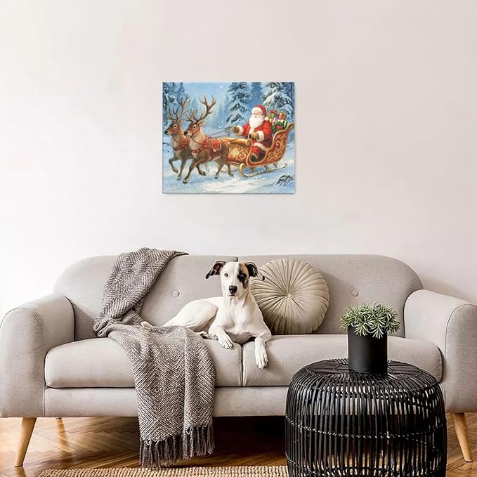 Santa Claus Christmas Wall Art Winter Santa Claus Reindeer Canvas Wall Decor Winter Christmas Pictures Painting Artwork Decoration Framed Gifts for Women Girl Bedroom Living Room Dining Office 20"x24"