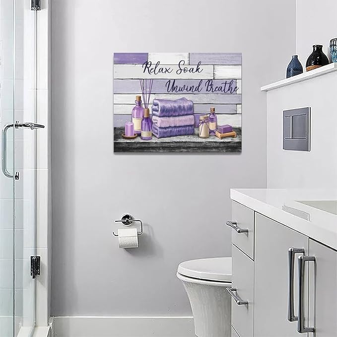 Farmhouse Bathroom Wall Art Relax Soak Unwind Breathe Wall Decor Rustic Bathroom Pictures Canvas Painting Framed Artwork Purple Country Home Decorations for Toilet Lavatory 16"x12"
