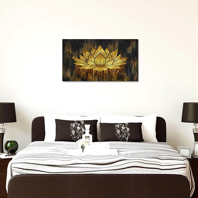 SkenoArt Gold Lotus Wall Art Abstract Zen Lotus Canvas Wall Art Gold and Black Zen Flower Picture Artwork for Living Room Home Bedroom Wall Decor Stretched and Framed 20x36 inch