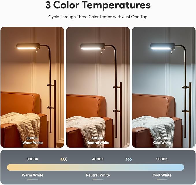 VONLUCE LED Floor Lamp, 62.5" Industrial Floor Lamp for Living Room with Adjustable Height Swing Arm Head 3 Color Temperatures, Metal Standing Pole Lamp for Bedroom Reading, Antique Brass