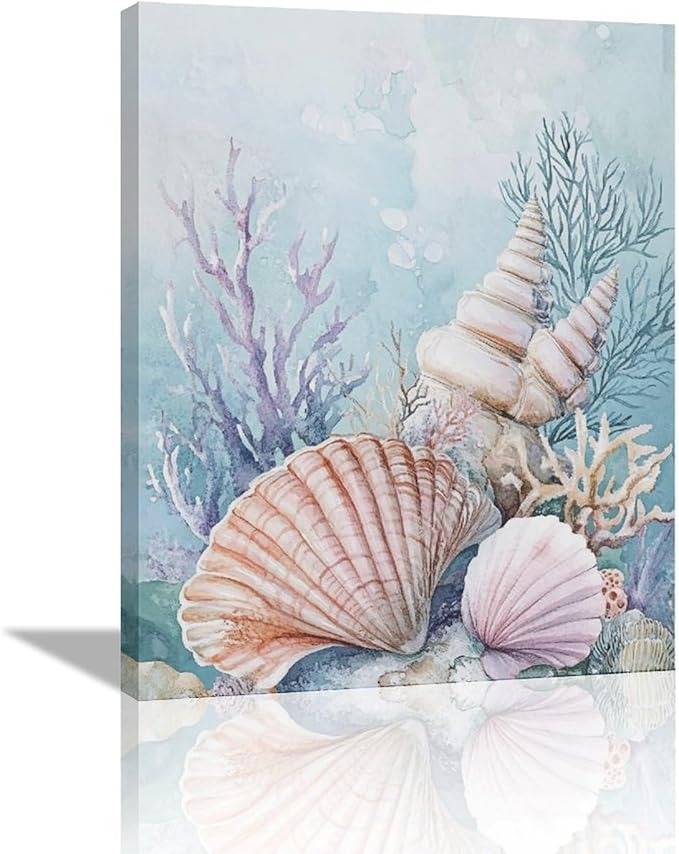 Fleruku Beach Coral Shells Wall Art Nautical Sea Wall Decor Ocean Pictures Canvas Painting Artwork Home Decorations for Living Room Bedroom Bathroom Office Nursery 16"x20"