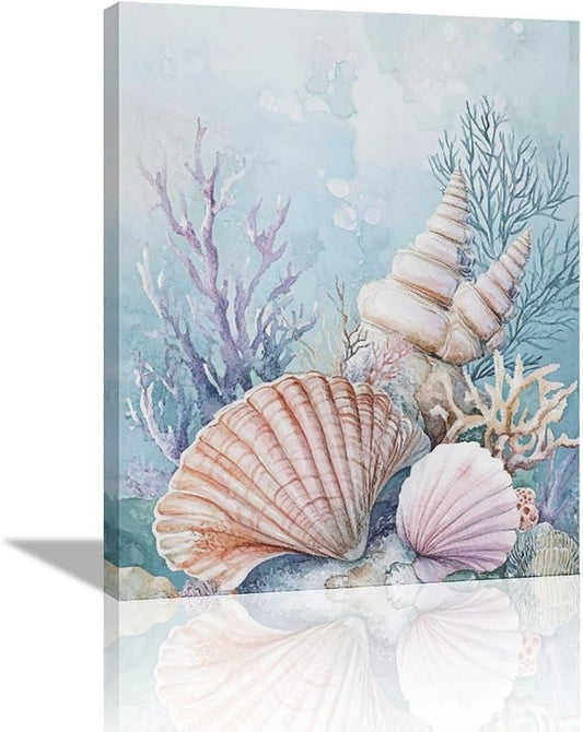 Fleruku Beach Coral Shells Wall Art Nautical Sea Wall Decor Ocean Pictures Canvas Painting Artwork Home Decorations for Living Room Bedroom Bathroom Office Nursery 16"x20"
