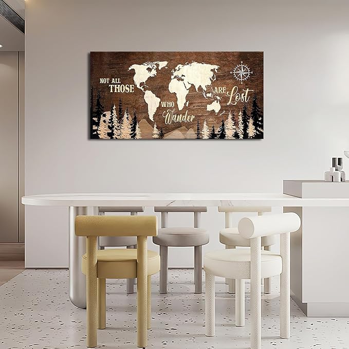World Map Wall Art Vintage World Map Poster Canvas Prints Nautical Travel Decor Modern Framed Art Map of The World Wall Art for Living Room Dining Room Home Office 60"x30"