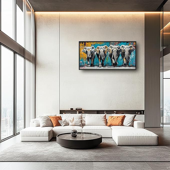 Olivine Elephant Large Wall Art, Banksy Wildlife Pictures Wall Decor, Graffiti Elephant Painting, Teal Canvas Prints, Framed Artwork for Dining Room Living Room Bedroom Bathroom Office Home 60"x30"