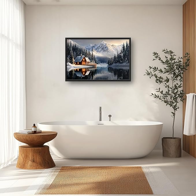 Winter Large Wall Art Mountain Lake Log Cabin Nature Pictures Wall Decor Landscape Canvas Prints Paintings Home Office Decorations Above Bed Framed Artwork for Living Room Dinning Room 36"x24"