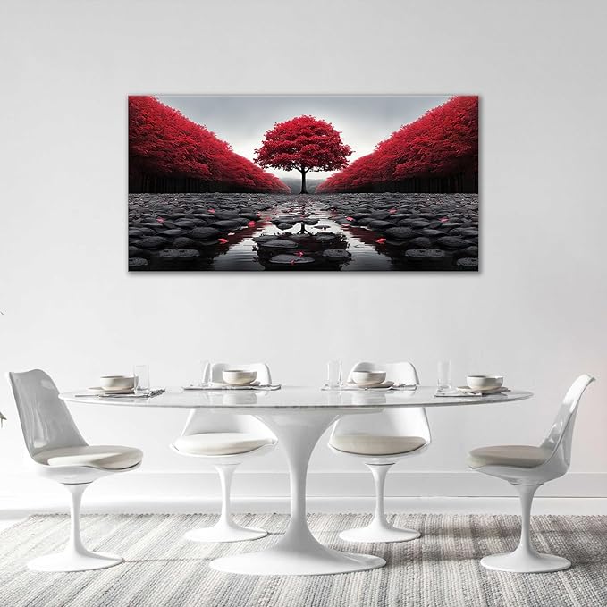 Red Tree Wall Art Tree of Life Large Zen Pictures Wall Decor Black and White Stone Canvas Prints Modern Framed Artwork for Living Room Bathroom Bedroom Office Spa Yoga 60"x30"