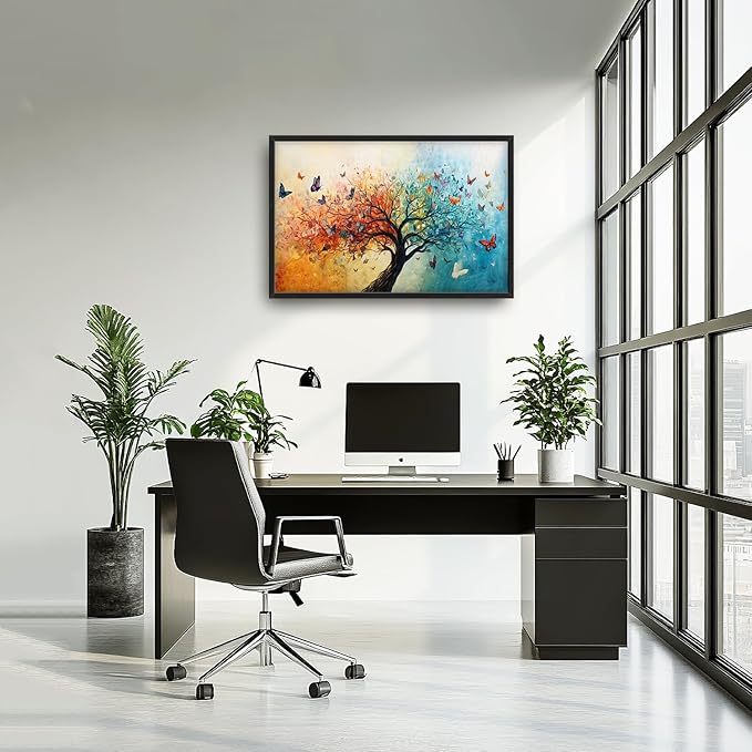 SweetFox Extra Large Tree of Life Framed Wall Art for Living Room, Colorful Tree Butterfly Pictures Oversized Wall Decor Abstract Canvas Painting Print Artwork for Bathroom Master Bedroom 36L X 24W
