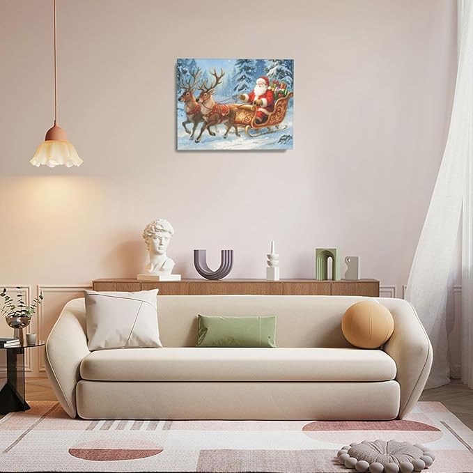 Santa Claus Christmas Wall Art Winter Santa Claus Reindeer Canvas Wall Decor Winter Christmas Pictures Painting Artwork Decoration Framed Gifts for Women Girl Bedroom Living Room Dining Office 16"x20"
