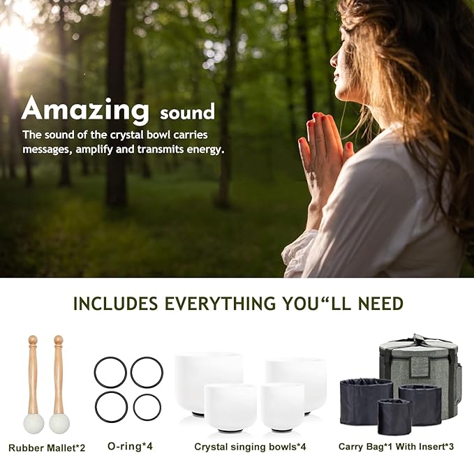 Singing Bowl Set of 4 PCS 6" A Note 8" F Note 10" G Note 12" C Note Frosted Chakra Quartz Crystal Sound bowls With Carry Case Bag.