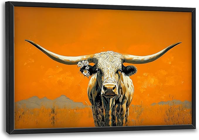 SweetFox Extra Large Western Longhorn Steer Framed Wall Art for Living Room, Farmhouse Cow Pictures Oversized Wall Decor Abstract Canvas Painting Print Artworks for Bathroom Master Bedroom 36L X 24W