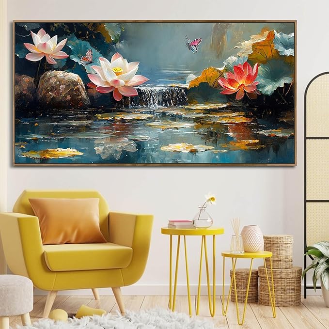 Anolyfi Lotus Canvas Wall Art for Living Room, Zen Yoga Decor Pink Large Picture Bedroom Painting Textured Artwork for Spa Bathroom Hallway Kitchen Room Office Home Decor, Wood Framed 48"x24"