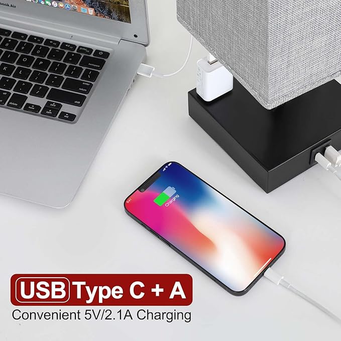 Bedside Table Lamp for Bedroom - Touch Small Lamp with USB C+A Charging Ports & AC Outlets, 3 Way Dimmable Nightstand Light for Living Room (LED Bulb Included, Grey)