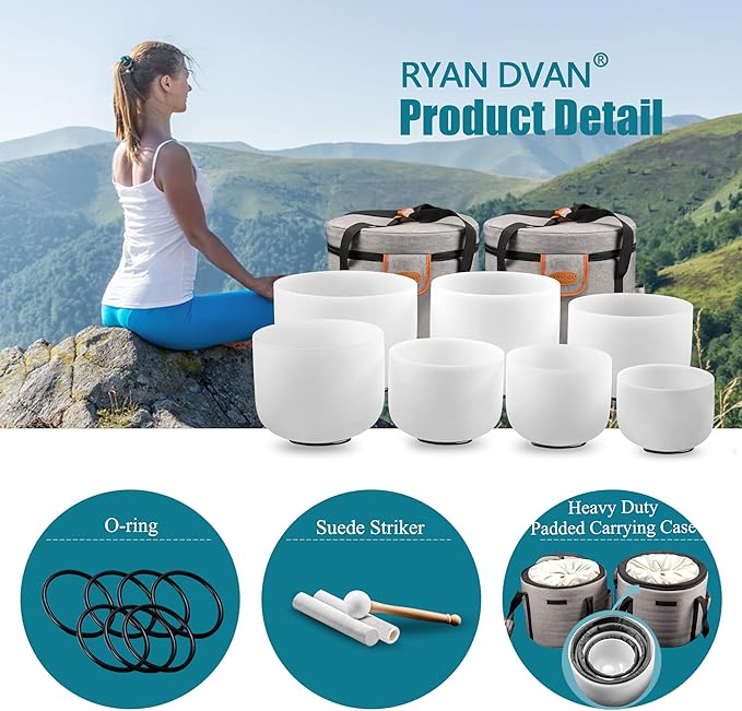 RYAN DVAN 432Hz 7-12 inch Crystal Singing Bowl Set of 7 with Free Carrying Case, Frosted Quartz Sound Bowls for Chakra Healing, Meditation,Yoga,Sound Therapy,Mindfulness,Relaxation & Stress Relief