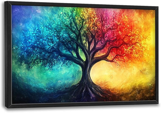 Tree Wall Art Colorful Tree of Life Pictures Wall Decor Framed Canvas Prints Artwork Paintings Home Office Decorations for Living Room Bedroom Dinning Room Corridor 36"x24"
