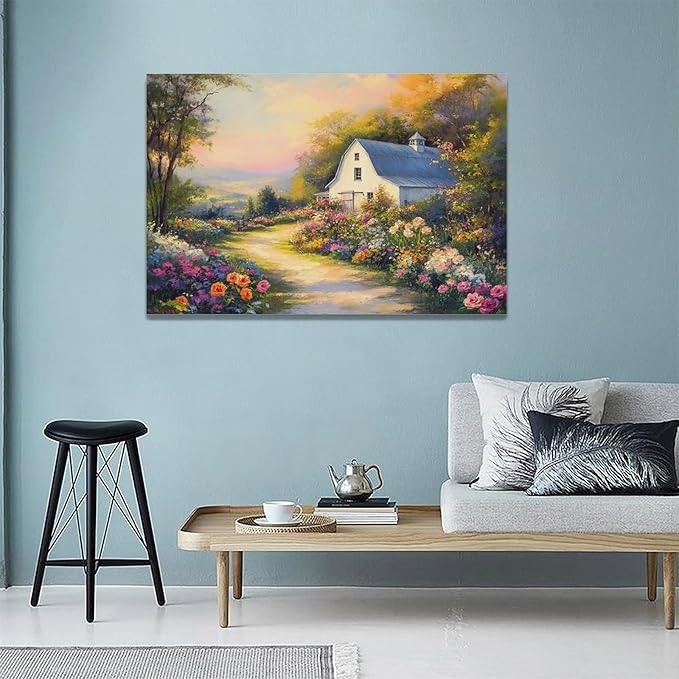 Olivine Garden Wall Art, Barn Pictures Wall Decor, Sunset Painting Vintage Village Garden Canvas Print, Framed Artwork for Living Room Bedroom Bathroom Office Home Decoration 24"x16"