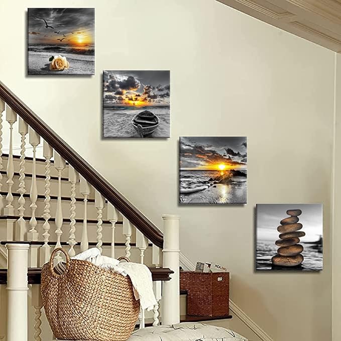 Bamdeya Black and White Gold Wall Decor Sea Sunset Beach Wall Art Seascape Zen Painting Sunrise Wall Picture Ocean Canvas Print for Living Room Bedroom Bathroom Home Wall Decoration Framed Wall Art