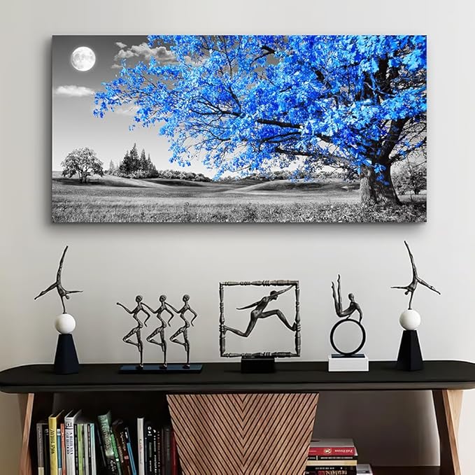 large wall art for living room Blue moon tree landscape Abstract painting office bedroom Wall Decor 30" x 60" single Pieces Canvas Prints Ready to Hang for Home Decoration Black and white Works of art