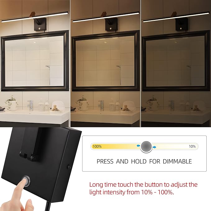 MantoLite LED Dimmable Bathroom Mirror Vanity Light Fixture 24inch 14W Cabinet Picture Wall Lights, Indoor Lightings Wall Sconce with Ajustable Arm Bedside Reading Lamp, Pulg in Display Lamps Black