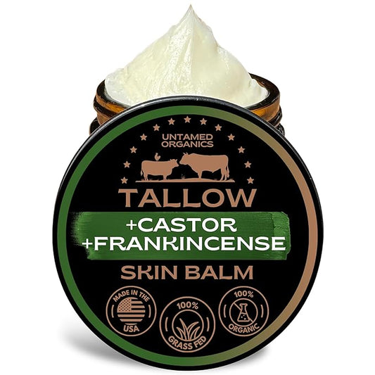 Handmade Tallow, Castor Oil, and Frankincense Oil Skin Balm - 100% Grass-Fed Tallow for Skin Care - Face & Body Moisturizer for Sensitive Skin, Eczema All-Purpose Balm - 2 FL. oz.