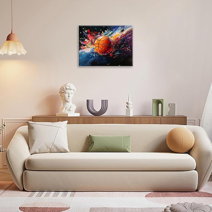 Olivine Basketball Wall Art, Graffiti Sports Picture, Colorful Sport Canvas Print Painting, Framed Artwork for Bathroom Bedroom Living Room Office Home Decoration 24"x20"