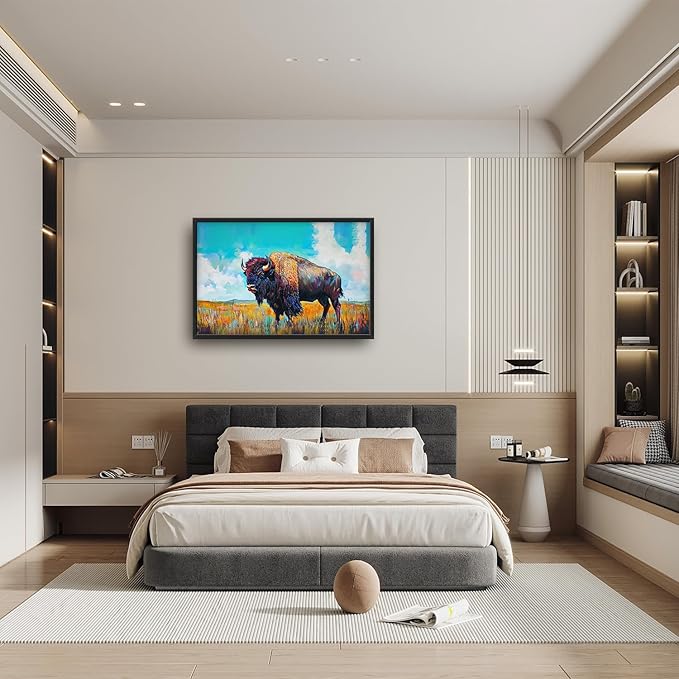 SweetFox Extra Large Colorful Western Bison Framed Wall Art for Living Room, Bison Pictures Oversized Wall Decor Abstract Big Canvas Painting Print Artworks for Bathroom Master Bedroom 36L X 24W