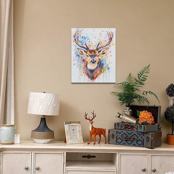 Fleruku Watercolor Deer Wall Art Colorful Elk Wall Decor Antlers Pictures Animal Canvas Painting Artwork Home Decorations for Living Room Bedroom Bathroom Office Nursery Classroom 16"x20"
