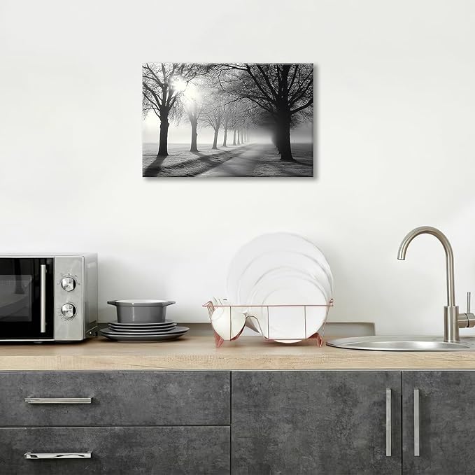 Olivine Tree Wall Art, Black And White Pictures Wall Decor, Mist Forest Painting Nature Lanscape Canvas Prints, Framed Artwork for Bathroom Bedroom Living Room Kitchen Office Home Decoration 24"x16"