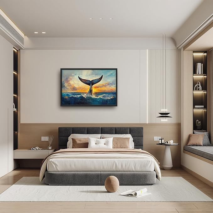 SweetFox Extra Large Whale Tail Framed Wall Art for Living Room, Coastal Ocean Whale Pictures Oversized Wall Decor Abstract Big Canvas Painting Print Artworks for Bathroom Master Bedroom 36L X 24W