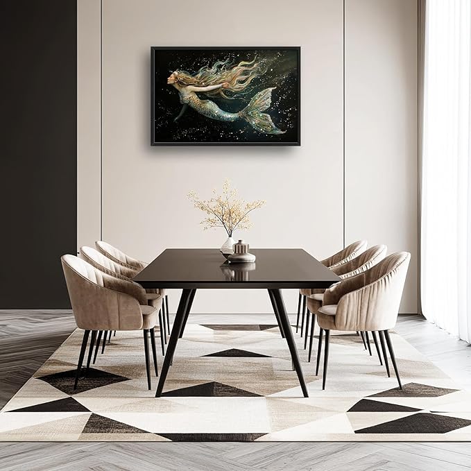 Mermaid Large Framed Wall Art for Living Room Golden Mermaid Pictures Wall Decor Ocean Print Painting Artwork Modern Home Decoration for Bedroom Office 36x24 inch
