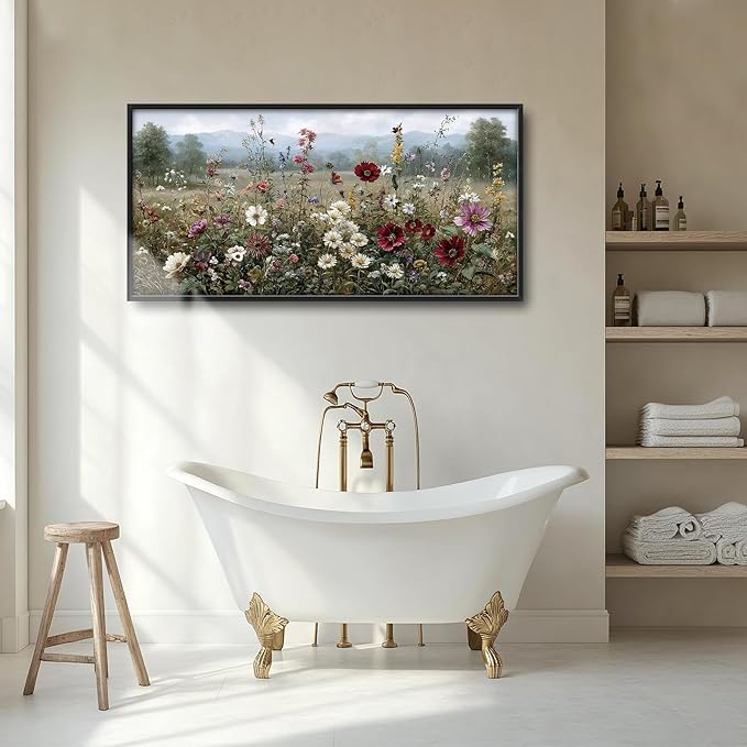 Glocmna Large Vintage Wall Art for Living Room Farmhouse Wildflowers Wall Decor Rustic Nature Landscape Pictures Painting Big Canvas Print Framed Artwork Decorations Home Office Bedroom 30"x60"