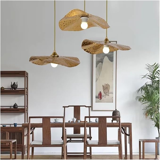 Creative New Chinese Lotus Leaf Pendant with Zen Intention Iron Art Hot Pot Shop Tea Table Retro Tearoom Decoration LightFixture,for Foyer Living Room