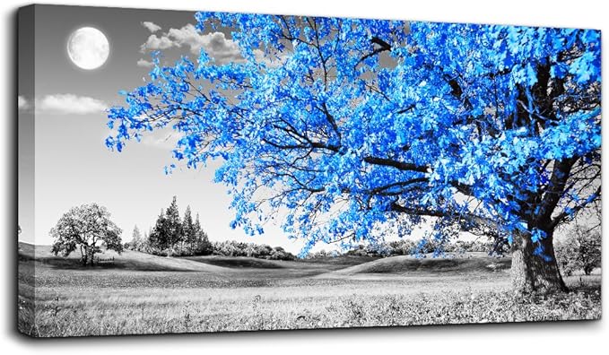 wall art for living room Simple Life Blue moon tree landscape Abstract painting office Wall Decor 24" x 48" single Pieces Canvas Prints Ready to Hang for Home Decoration Black and white Works of art