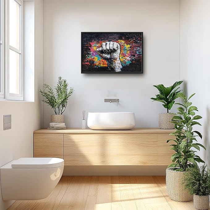 SweetFox Extra Large Graffiti Fist Framed Wall Art for Living Room, Raised Fist Street Art Pictures Oversized Wall Decor Abstract Canvas Painting Print Artwork for Bathroom Master Bedroom 36L X 24W