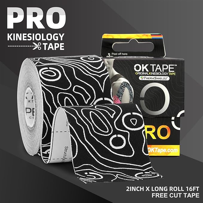 OK TAPE PRO Kinesiology Tape Uncut Roll, Elastic Physical Therapy Athletic Tape for Pain Relief, Muscle Support, Kinetic Tape, Water Resistant, 2in X 16.4ft -Black Gray 2 Rolls