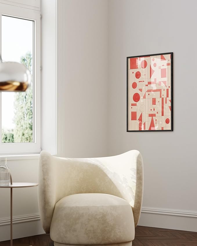 HAUS AND HUES Colorful Abstract Wall Art - Minimalist Retro Picture for Living Room Decor, Red and Pink Modern Wall Art Painting (Red Geometric, Black Frame, 24x36)