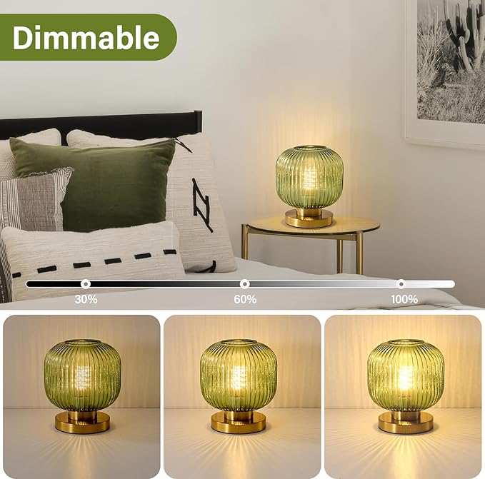 Small Green Glass Table Lamp: Mid Century Modern Dimmable Nightstand Lamps - Vintage Decor Brass Desk Lamp with Plug - Ribbed Glass Bedside Tables Lamps for Bedroom Living Room Office Bulb Excluded