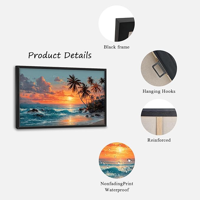 Glocmna Large Wall Art for Living Room Beach Sunset Ocean Waves Wall Decor Tropical Coastal Palm Trees Scenery Canvas Big Seascape Pictures Painting Print Framed Artwork Decorations Gifts for Bedroom Home Office Hotel 24"x36"
