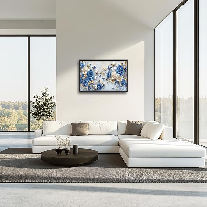 Framed Large Wall Art for Living Room, Blue and White Florals Canvas Wall Decor, Flowers Pictures Painting, Modern Artwork for Living Room Bedroom Office 36L'' × 24W''