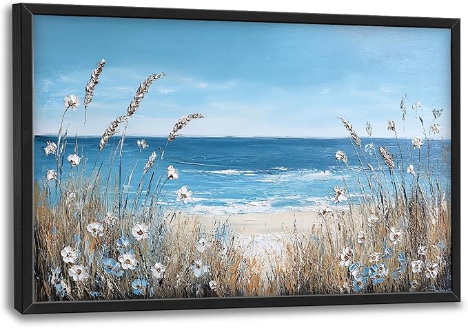 Coastal Beach Wall Art Ocean Wild Flower Pictures Wall Decor Large Canvas Prints Paintings Home Office Decorations Framed Artwork for Living Room 36"x24"