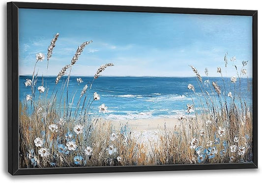 Coastal Beach Wall Art Ocean Wild Flower Pictures Wall Decor Large Canvas Prints Paintings Home Office Decorations Framed Artwork for Living Room 36"x24"