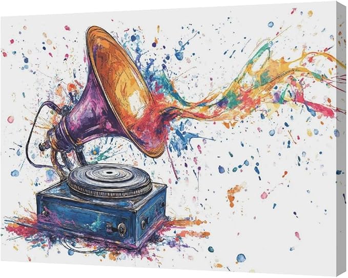 Fleruku Watercolor Phonograph Wall Art Colorful Phonograph Wall Decor Pictures Canvas Painting Artwork Home Decorations for Living Room Bedroom Bathroom Office Nursery Classroom 20"x16"