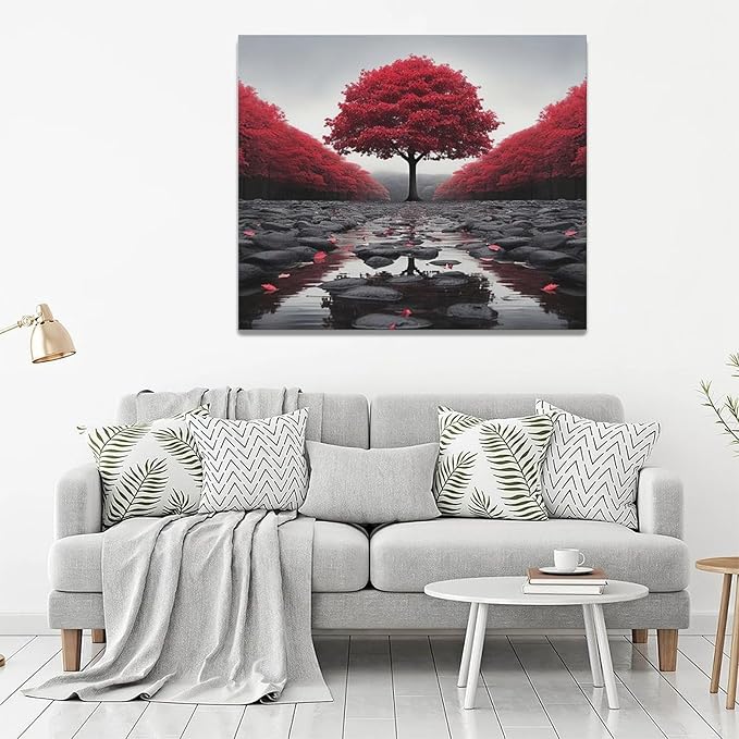 Black And Red Tree Wall Art Zen Stone Canvas Prints Pictures Large Red Tree Forest Landscape Wall Decor Modern Framed Artwork for Living Room Bedroom Office Spa Yoga 24"x20"